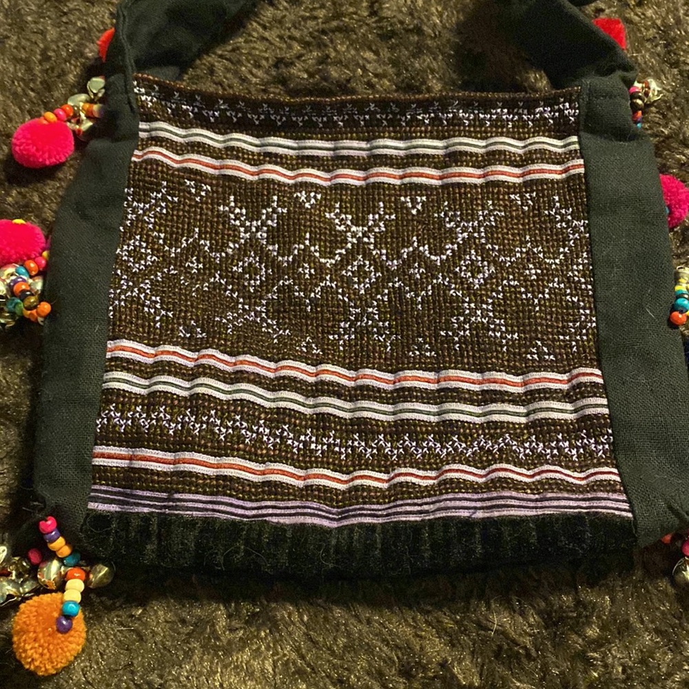 Handmade handbag from Taiwan black with print bells and pompoms adorn sides - Picture 4 of 4